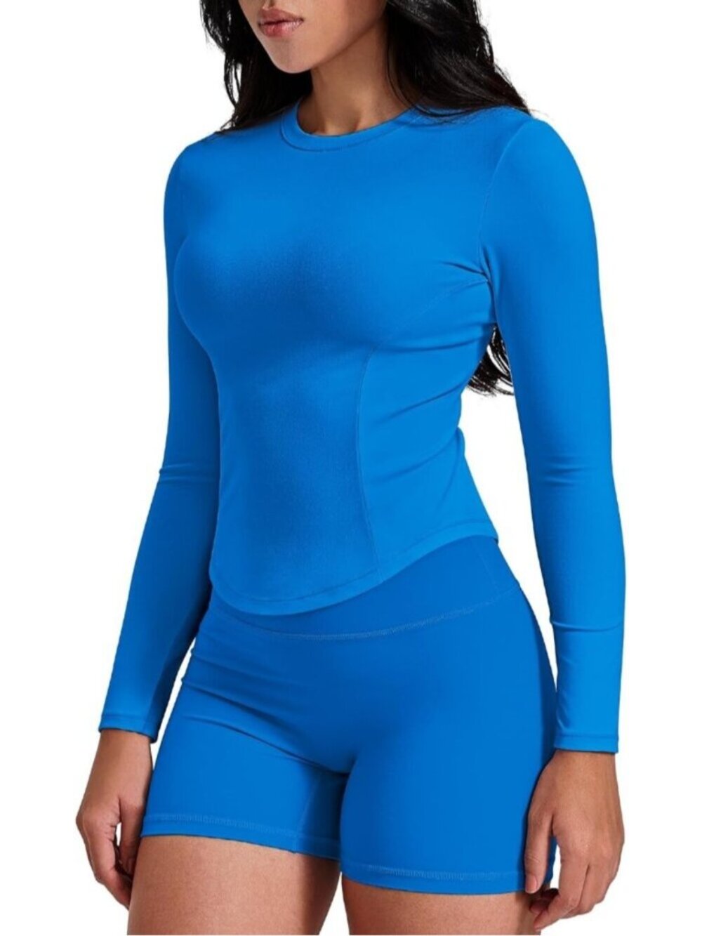Women's Blue Long Sleeve Workout Shirts Cropped Athletic Tops Slim Fit Crew Neck